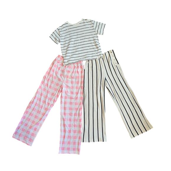 Girls Bundle Set Plaid Pj Pants 10, Stripe Zara Pants 10, Stripe Pearl Shirt 8-9 - Picture 1 of 11